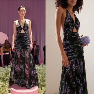 Carolina Herrera Floral Silk Chiffon Cutout Halter Maxi Gown Black Multi 4 NWT